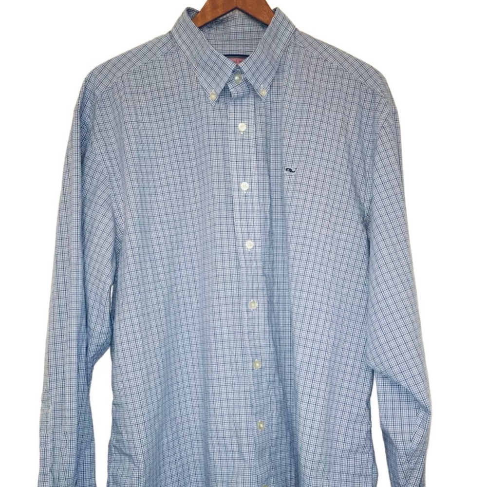 Vineyard Vines Whale Shirt Mens Large Blue Checked Shep & Ian Button Down Cotton